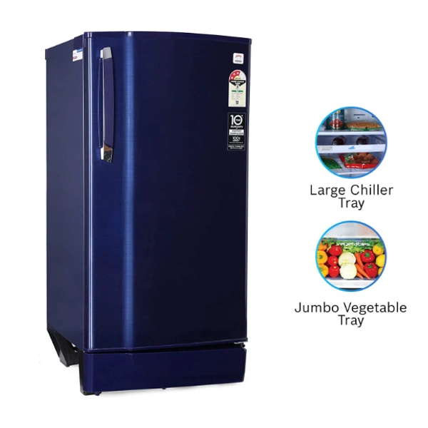 Godrej  Godrej 190 L 3 Star Inverter Direct-Cool Single Door Refrigerator with Jumbo Vegetable Tray (RD 1903 EWHI 33 STL BL, Steel Blue, Inverter Compressor) - 190 Litres, Blue